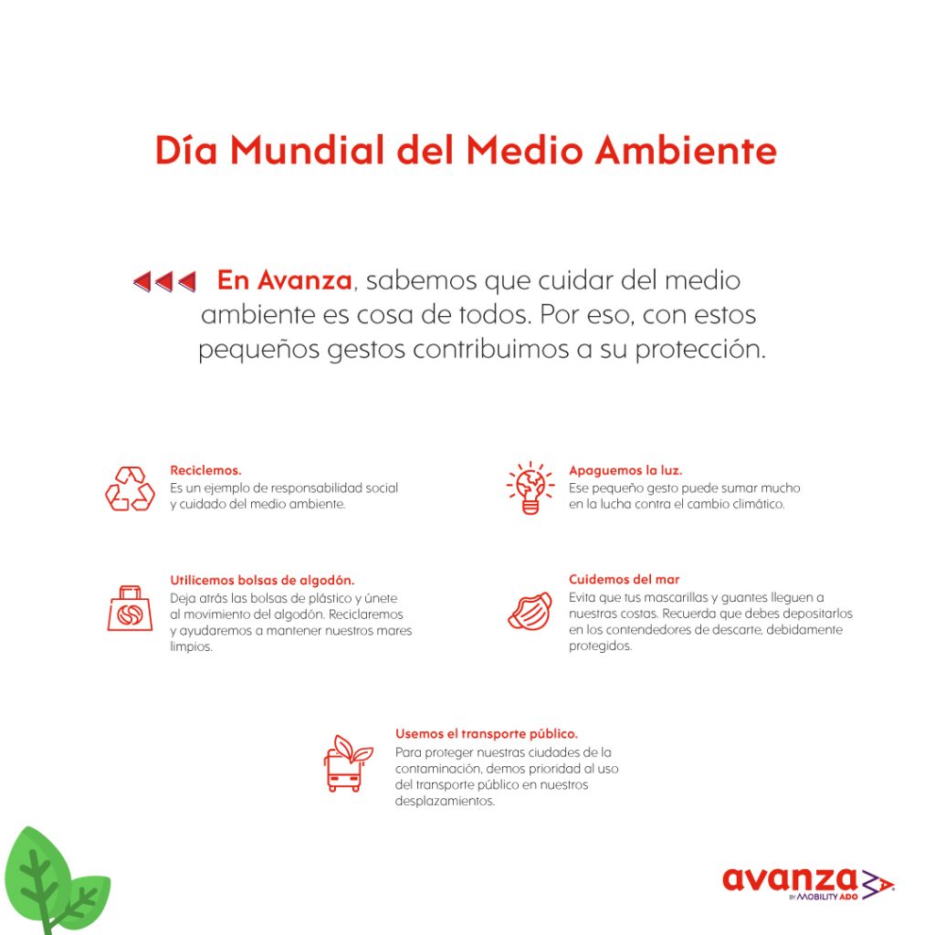 Día Mundial del Medio Ambiente.
En Avanza, sabemos que cuidar del medio ambiente es cosa de todos. Por esto con pequeños gestos contribuimos a su protección: recicla, apaga la luz, utiliza bolsas de algodón, cuida del mar y usa el transporte público.